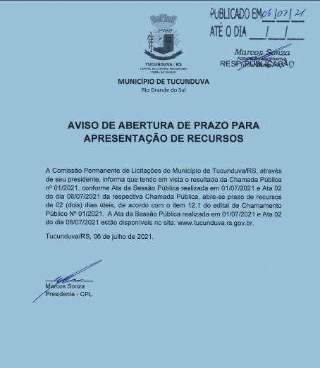 CHAMADA PÚBLICA Nº 01_2021  - AVISO DE ABERTURA DE PRAZO PARA APRESENTAÇÃO DE RECURSOS 